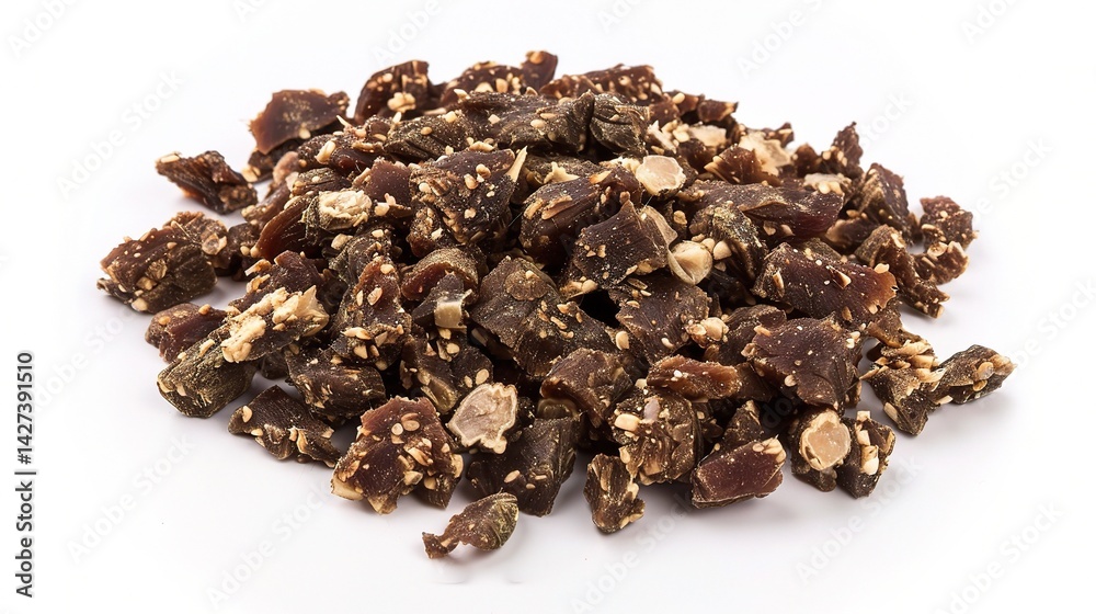 An appetizing display of biltong is attractively presented. Biltong, a popular South African dried meat snack, features thick strips of cured meat An appetizing display of biltong is attractively presented. Biltong, a popular South African dried meat snack, features thick strips of cured meat