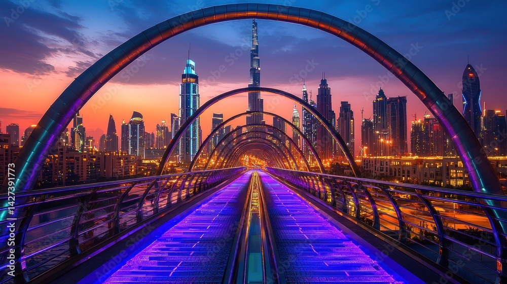 Obraz premium Dubai Skyline at Dusk: Illuminated Walkway