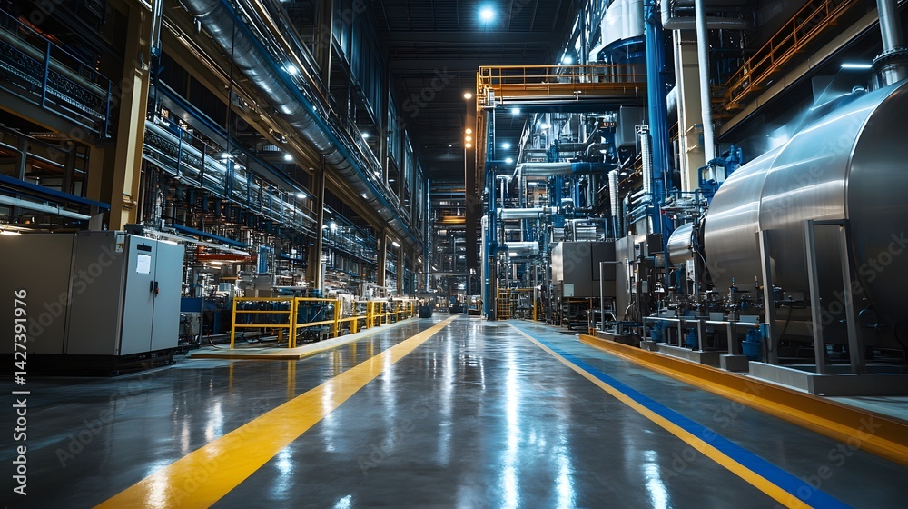 A large industrial building with a lot of machinery and pipes. The space is very clean and well-lit
A large industrial building with a lot of machinery and pipes. The space is very clean and well-lit