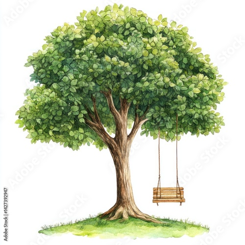 A watercolor painting depicts a large tree with a swing