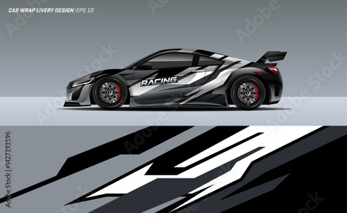 Sporty Racing Car wrap livery design. Graphic abstract stripe racing background