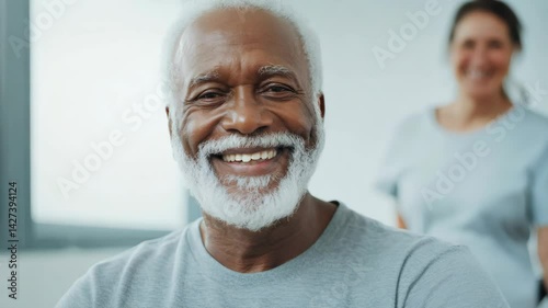 Elderly Man Smiling with Joy During Physical Therapy Session, Emphasizing Positivity and Caregiver