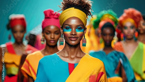 Vibrant models exude confidence and beauty in colorful fashion on runway, showcasing style and joy.