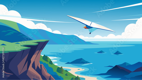High above a serene coastal lagoon the hang glider rides the perfect wind currents while admiring the tranquility below.. Vector illustration