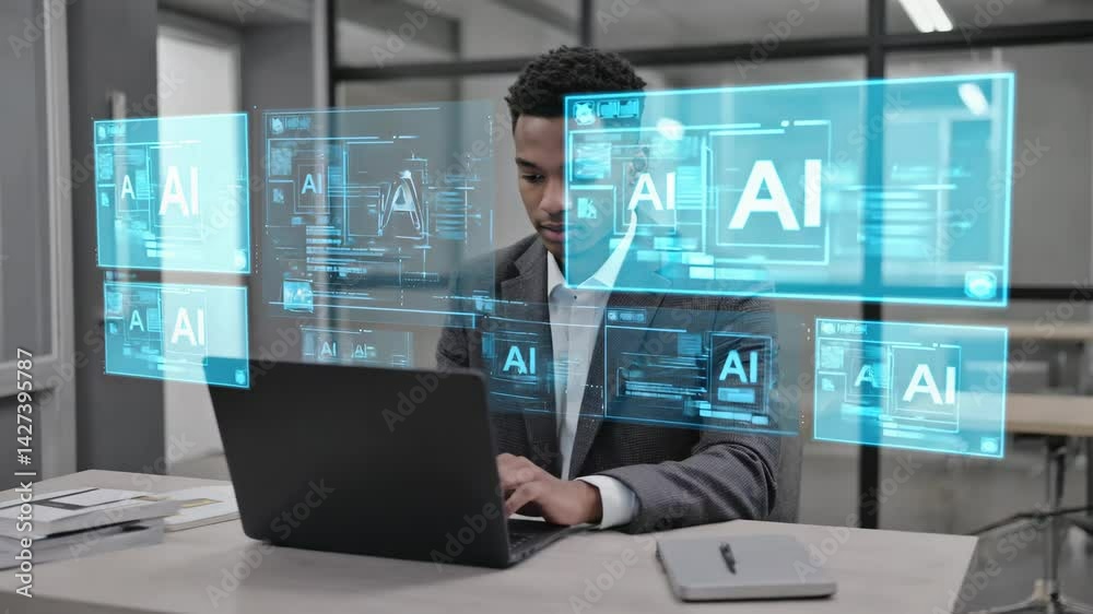 AI Artificial Intelligence technology for data analysis, research, planning, and work generate. Man uses a laptop and AI assistant dashboard. Technology smart robot AI agents and agentic workflow