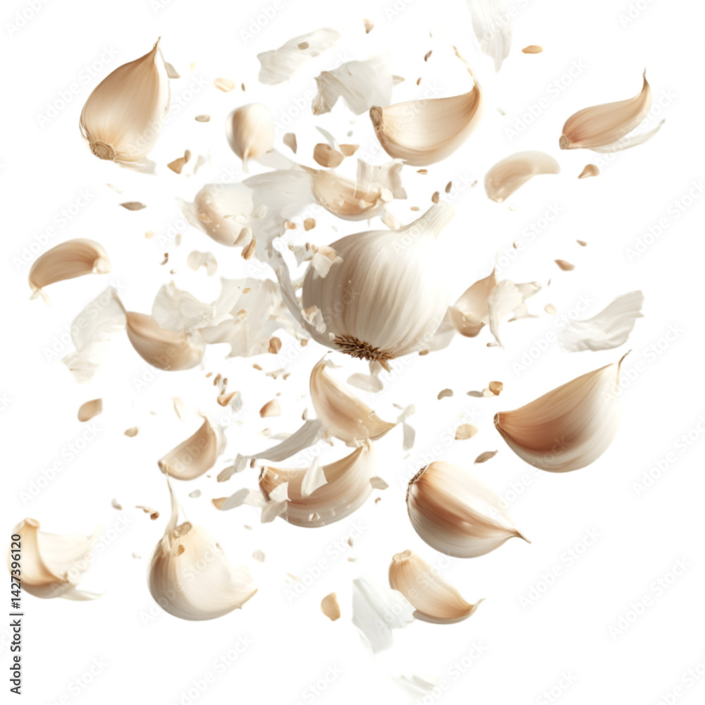 Garlic cloves exploding mid air culinary explosion