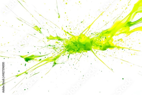 Neon green paint explosion creating glowing trails on a white background
