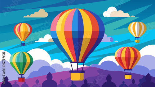 As the hot air balloon race progressed the vibrant balloons moved further away from sight their lively colors leaving a trail across the sky.. Vector illustration