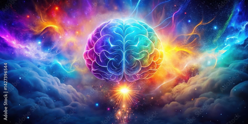 Obraz premium Cosmic Mind A Vibrant Neural Network Illuminated Against a Celestial Backdrop of Nebulae and Star Clusters
