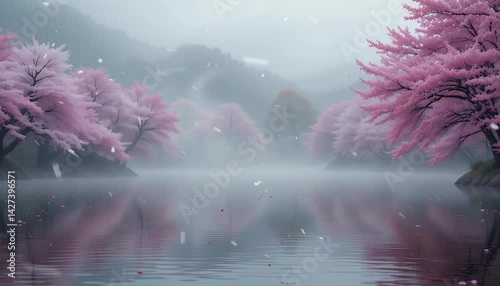 Blossom Petals Falling Near Still Lake in Serene Fog Slow Motion. Seamless looping overlay 4k virtual video animation background