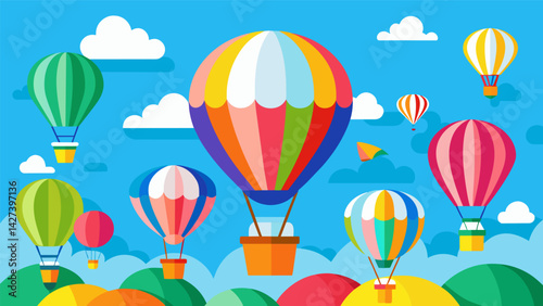 Cheers and excitement fill the air as hot air balloons adorned in every color imaginable race through the sky.. Vector illustration