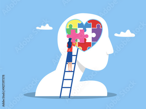 Heart shaped puzzle Mental health concept,  woman making heart jigsaw in brain. World mental health day. Psychological therapy and treatment vector