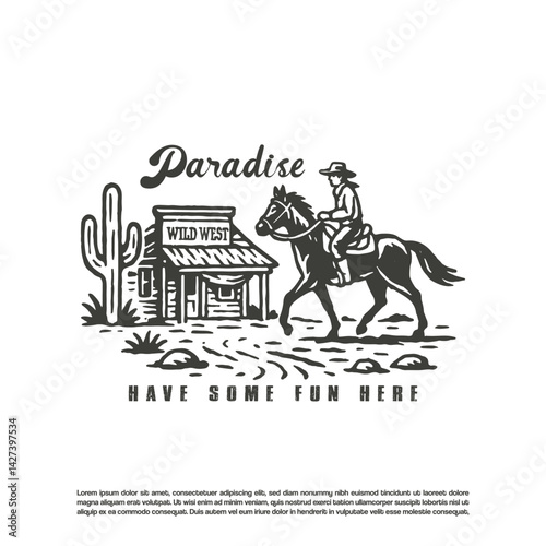 Vintage retro a cowboy riding his horse crossing the wild west bar in the desert vector illustration