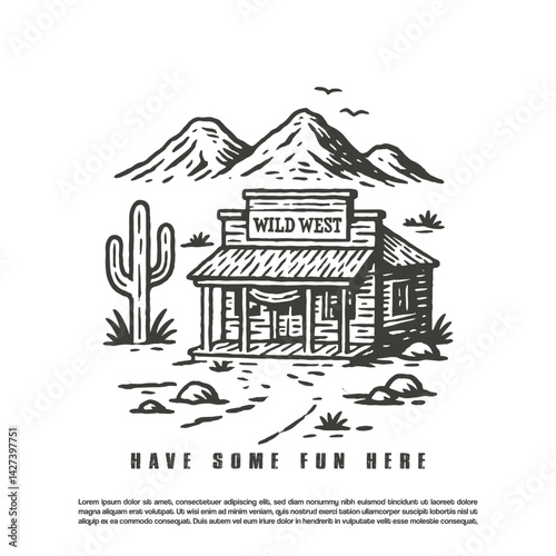 Vintage retro old wooden western bar with mountain in the background vector illustration