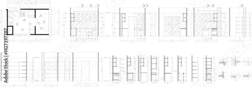 Drawings, interior decorations, kitchen furniture layout plan development section detail.