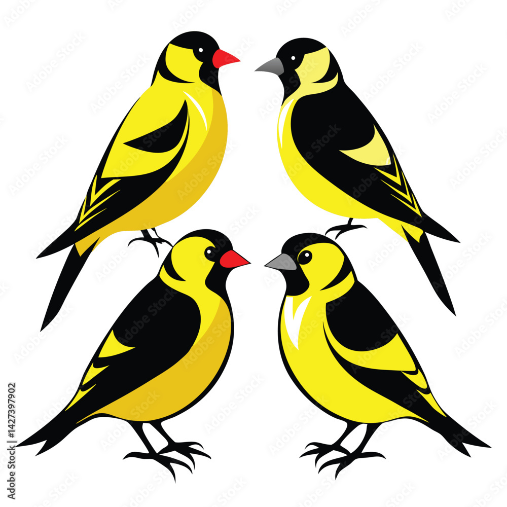 Fototapeta premium Goldfinch birds set isolated shilhotee vector on white background