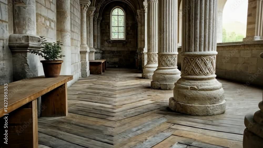Interior hall with stone columns and wooden floor, benches and potted plant, sunlight shining through arched window, classic architecture, serene setting Interior hall with stone columns and wooden floor, benches and potted plant, sunlight shining through arched window, classic architecture, serene setting