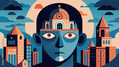 His eyes take in the intricate architecture of the buildings but his mind is focused on the complexity of the human experience.. Vector illustration