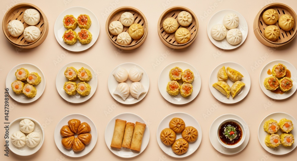 Dim sum assortment in various shapes and sizes on a light background Dim sum assortment in various shapes and sizes on a light background