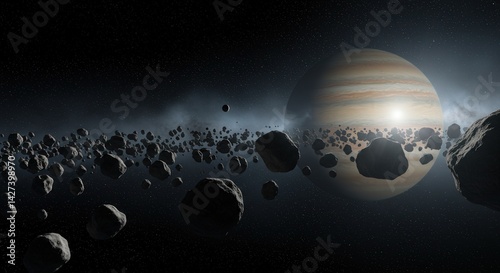 Asteroid ring surrounds a planet like Jupiter in deep space view