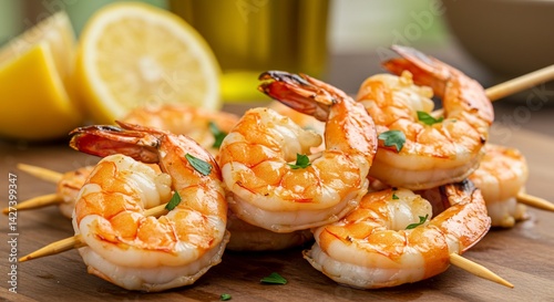 Grilled shrimp skewers with lemon are a delicious summer appetizer.