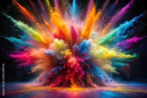 A vibrant explosion of multicolored powder creates a stunning visual spectacle, a burst of color against a dark background, showcasing dynamic energy and artistic expression.