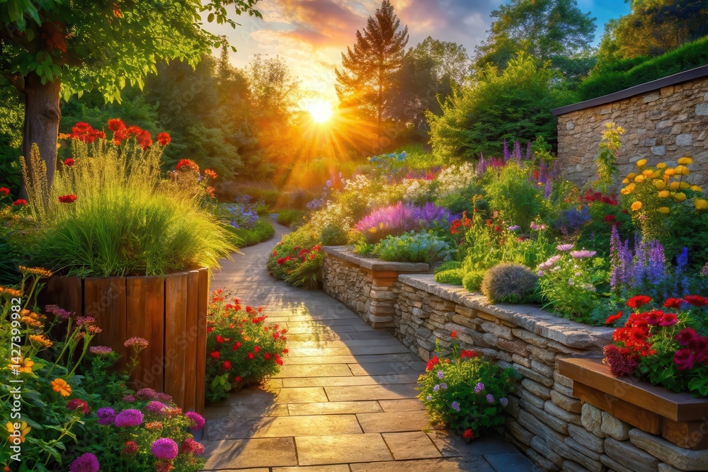 Serene Sunset Garden Path A Walk Through Vibrant Blooms and Stone Walls