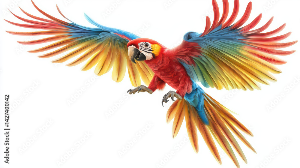 Fototapeta premium A vibrantly colored macaw with brilliant red, yellow, and blue feathers soars against a clean white backdrop, wings fully extended in majestic flight.