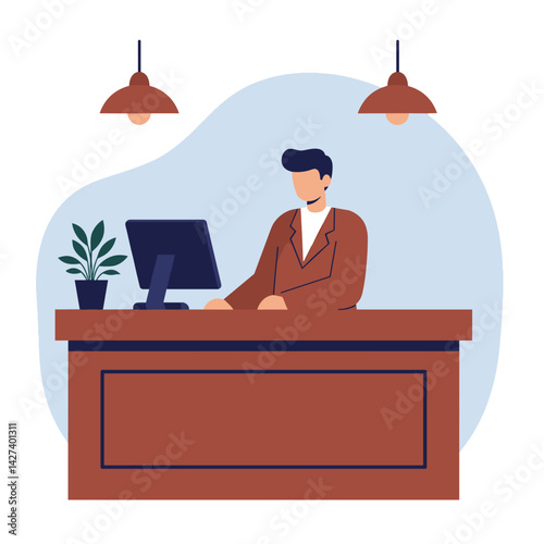Professional at Counter Smiling While Working in Modern Office  