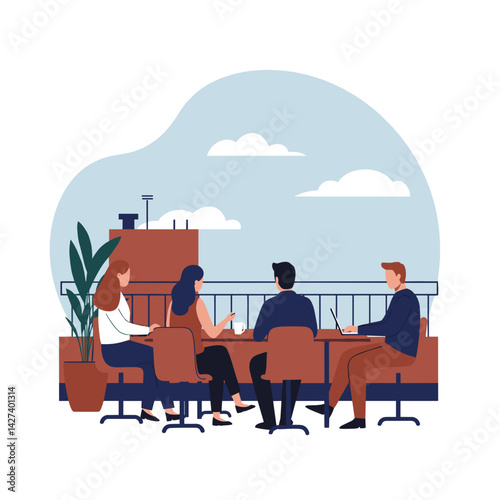 Meeting on Rooftop - Group discussing ideas in a bright outdoor setting  