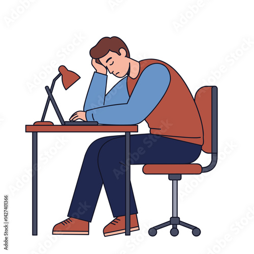 Young adult tired at desk, feeling exhausted while working indoors  