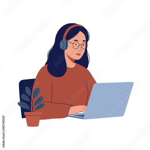 Asian woman working remotely, focused and productive against a minimalist background.  