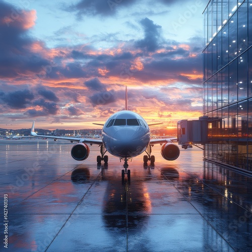 Dramatic sunset sky with vibrant orange and pink hues over modern airport terminal with airliner aircraft preparing for takeoff on wet runway