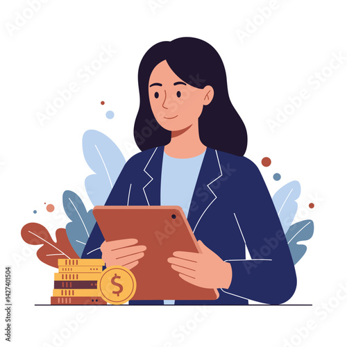 Finance woman using tablet while studying finances with leaves background  