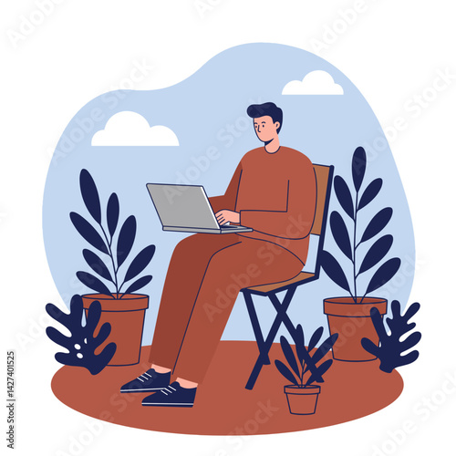 Man working remotely in garden, enjoying a peaceful atmosphere  