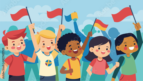 Children in the crowd waved mini flags and banners cheering on their favorite teams as they passed by.. Vector illustration