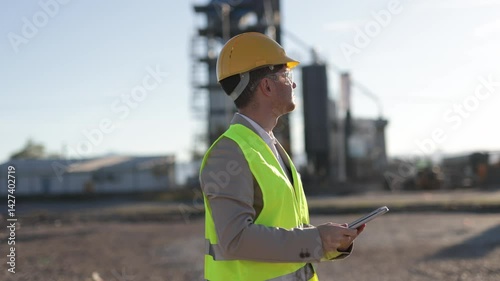 A professional heavy industry engineer stands confidently in protective gear, including a helmet, goggles, and uniform, holding a tablet computer. The portrait reflects expertise, precision, and