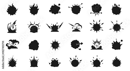 Cartoon explosion set Dynamic black silhouettes