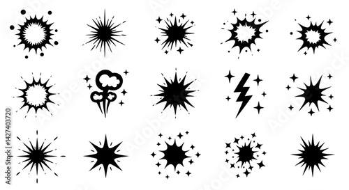 Cartoon explosion shapes sparkling energy