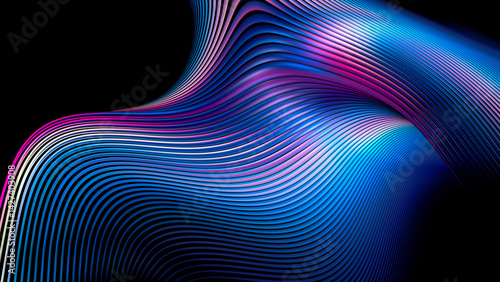 Abstract geometric neon lines background. Fractal render. Colorful glowing waves pattern.