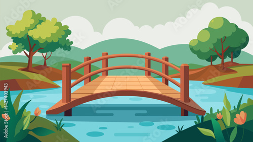 A traditional wooden footbridge spanning a peaceful pond reflecting the stoics calm and reflective nature.. Vector illustration