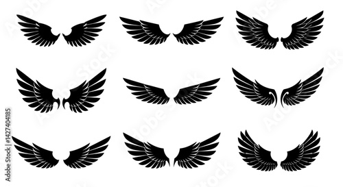 Black wings silhouette vector set, the wings set is ideal for logo, emblem, badge design. Versatile for art, heraldry, animal symbolism. Ranging from simple to intricate feather or scale details