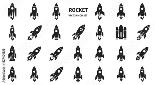 Rocket icon set, vector rocket silhouette, startup symbol, space shuttle, spaceship launch futuristic design, black and white rocket outline and filled isolated, technology, innovation, aerospace 