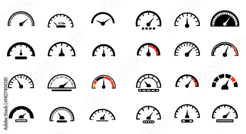 Speedometer speed vector icon set, gauge meter, dashboard elements for automotive, speed measurement. Vector set for car speed, fuel, RPM, tachometer. Black speed dialsv