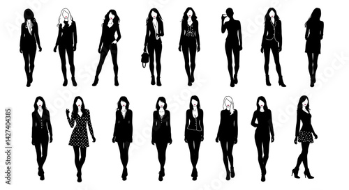 stylish women Silhouette in diverse poses, collection of woman showcasing fashion and elegance on a white background, perfect for design, art, and fashion projects