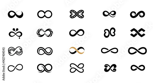 Infinity symbols collection, black infinity vector illustrations on white background. Perfect for logo design, branding, and mathematical representation. Various styles, from classic to artistic