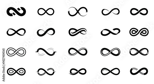 Infinity symbols collection, black infinity vector illustrations on white background. Perfect for logo design, branding, and mathematical representation. Various styles, from classic to artistic