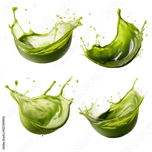 Set of melted matcha tea splash cut out