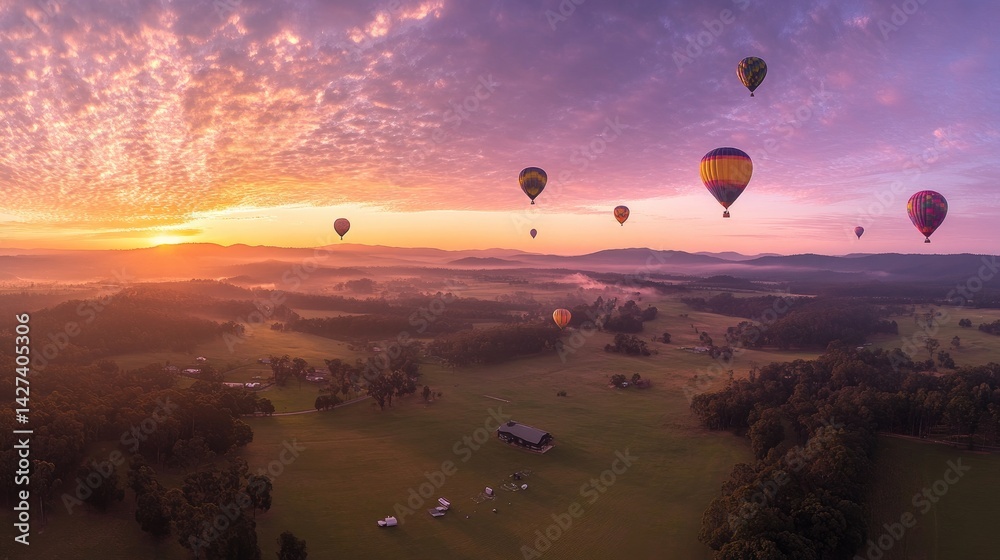 Sunrise Hot Air Balloons Over Scenic Countryside