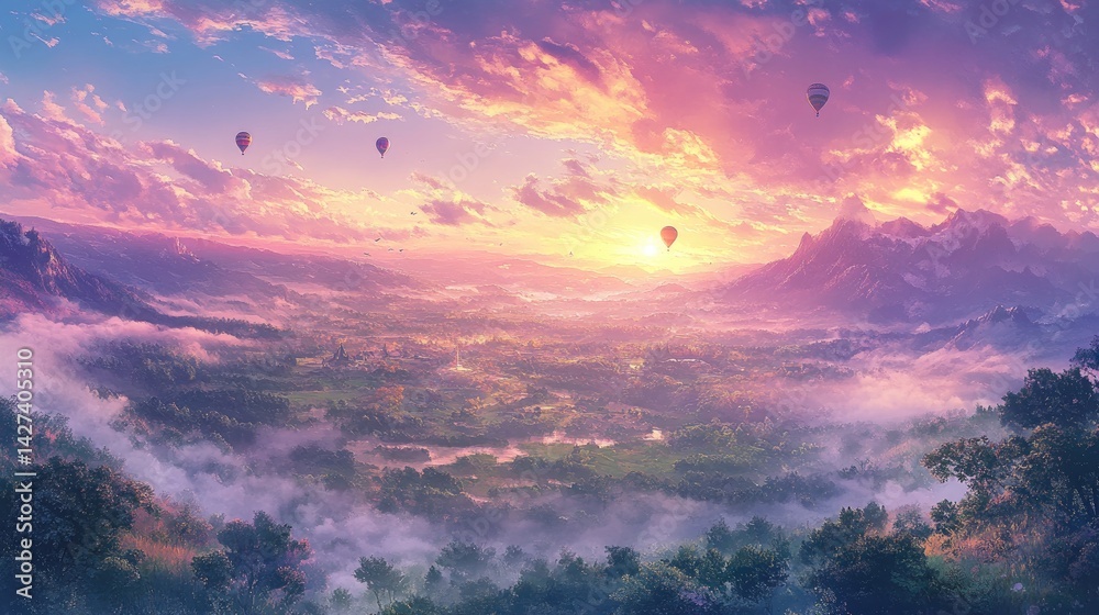 Serene Sunset over Misty Mountains and Hot Air Balloons